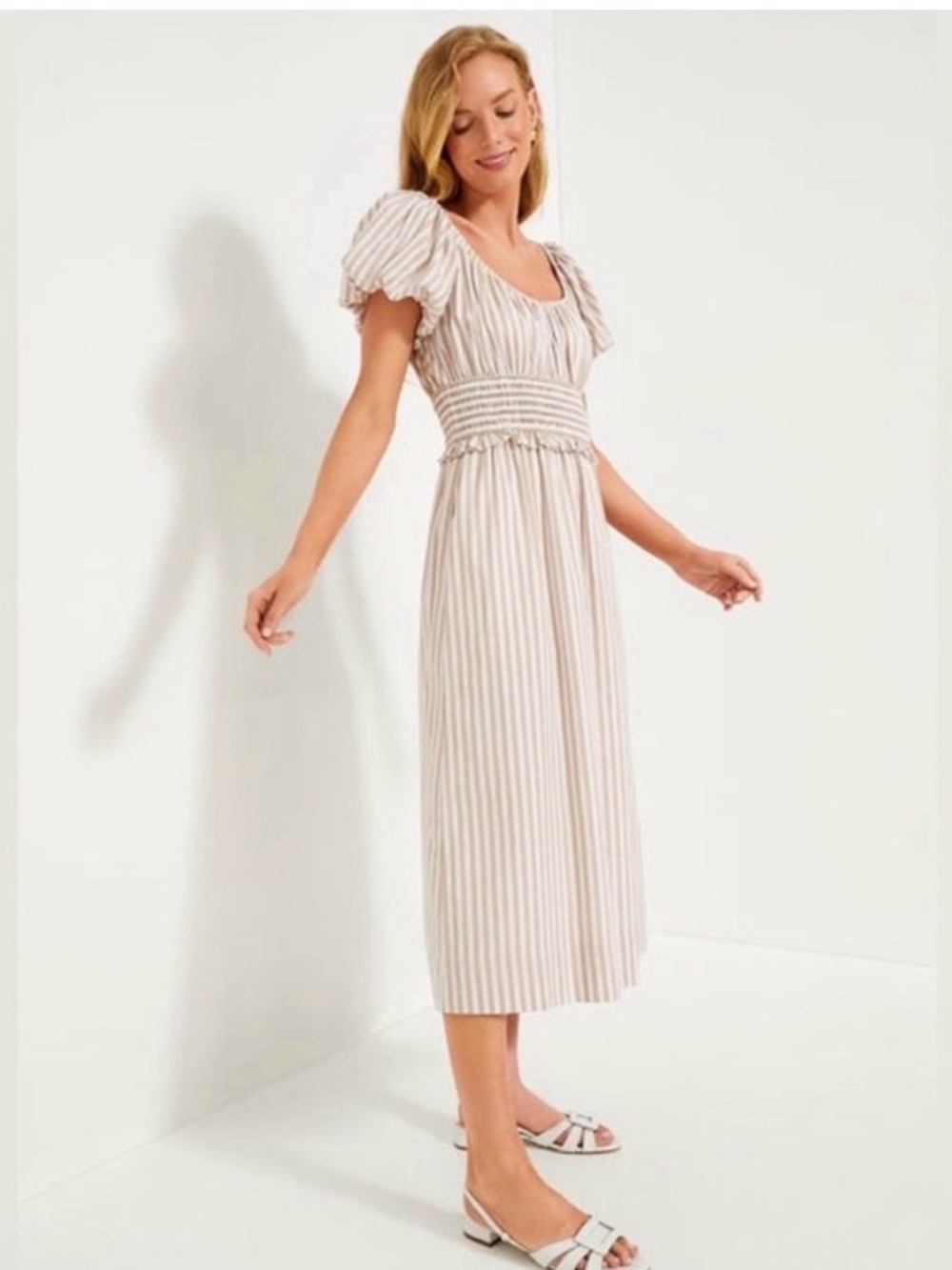 Pomander Place Beige and White Striped Smocked Midi Dress in Cotton